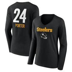 Joey Porter Jr. Women's Team Wordmark Player Name & Number Long Sleeve V-Neck T-Shirt - Pittsburgh Steelers