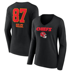 Travis Kelce Women's Team Wordmark Player Name & Number Long Sleeve V-Neck T-Shirt - Kansas City Chiefs