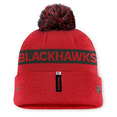NHL Red/Black Chicago Blackhawks Fanatics Women's Authentic Pro Rink Cuffed Knit Hat with Pom