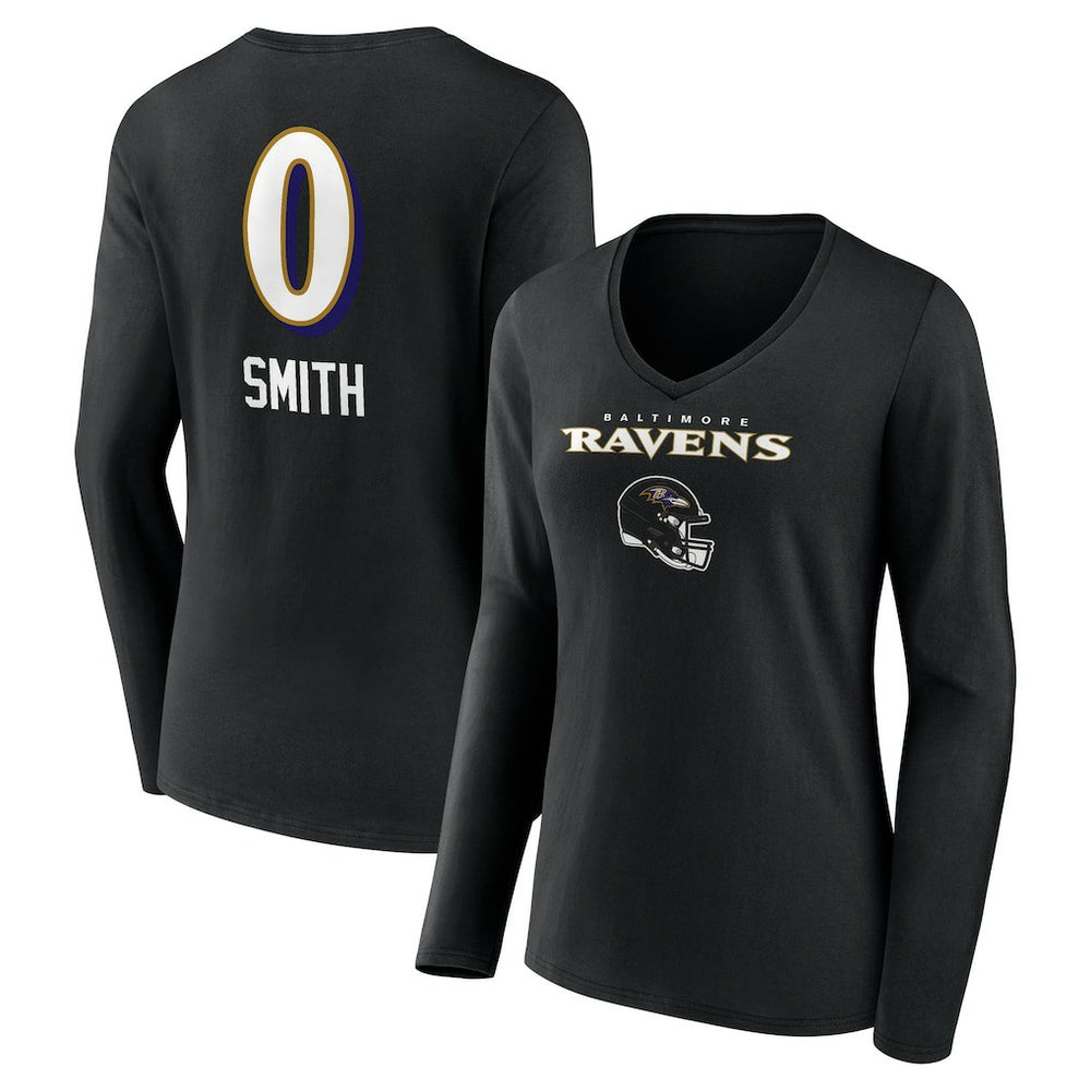 Roquan Smith Women's Team Wordmark Player Name & Number Long Sleeve V-Neck T-Shirt - Baltimore Ravens