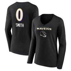 Roquan Smith Women's Team Wordmark Player Name & Number Long Sleeve V-Neck T-Shirt - Baltimore Ravens