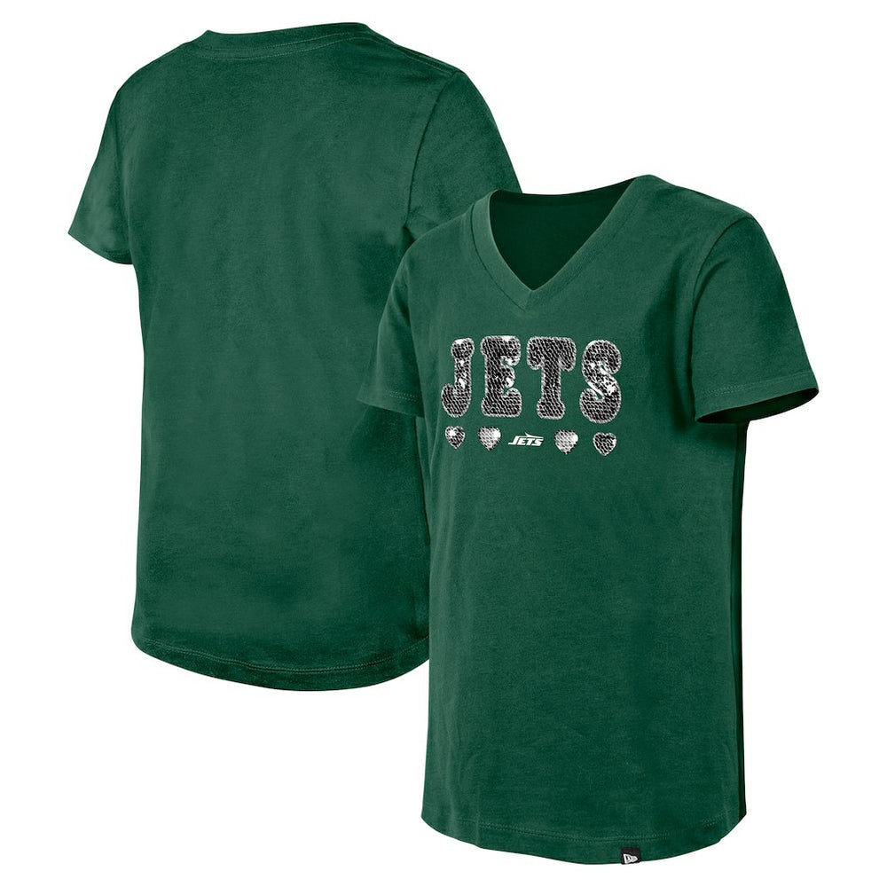 Girls Youth Flip Sequin V-Neck T-Shirt - New York Jets