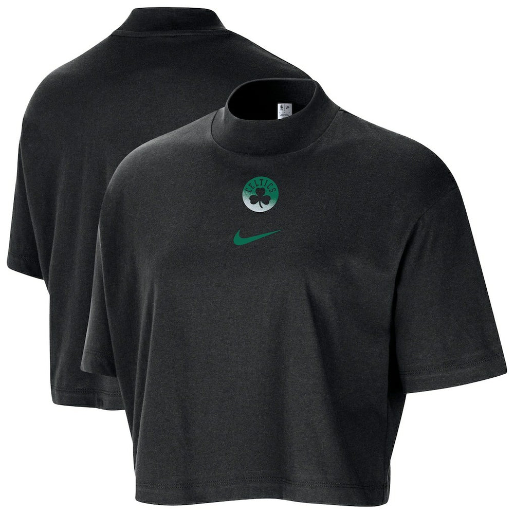 NBA Boston Celtics Women's Courtside Mock Neck Loose Fit Cropped T-Shirt