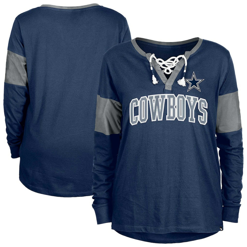 Women's Lace-Up Notch-Neck Long Sleeve T-Shirt - Dallas Cowboys