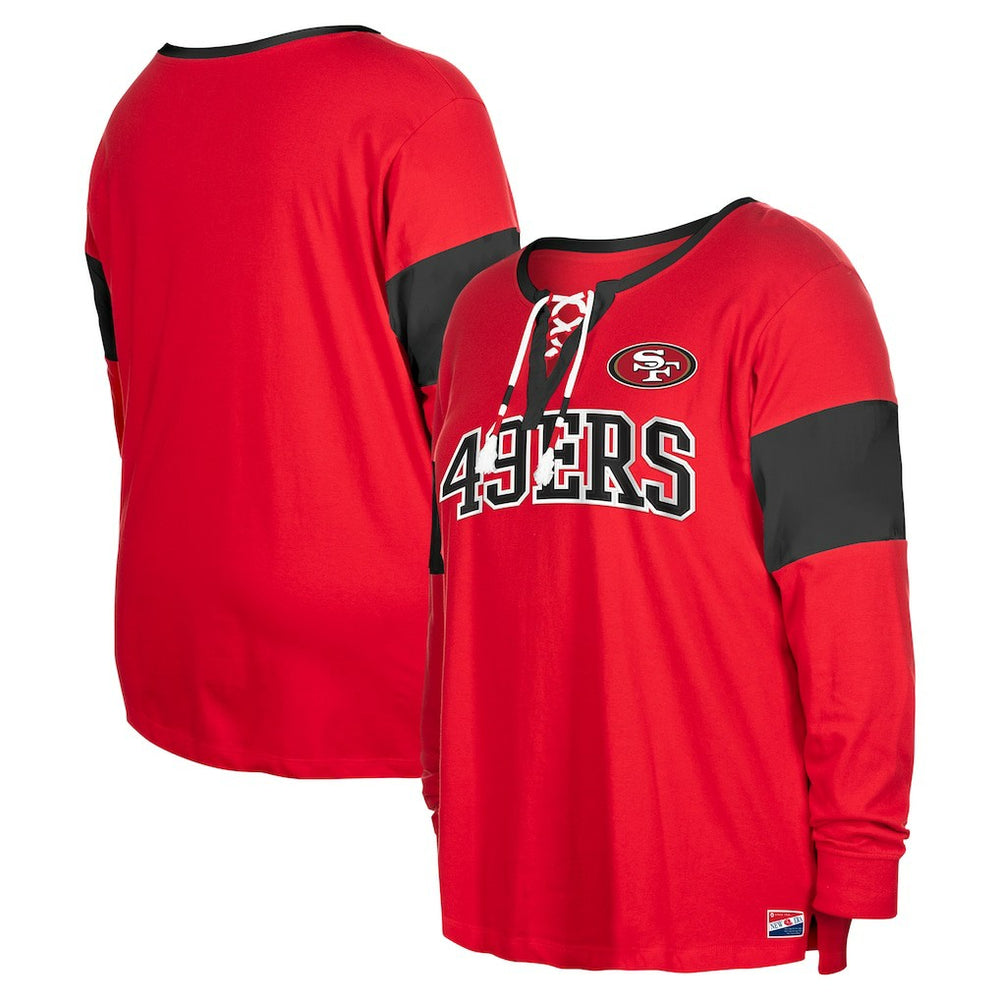 Women's Plus Size Lace-Up Notch Neck Long Sleeve T-Shirt - San Francisco 49ers