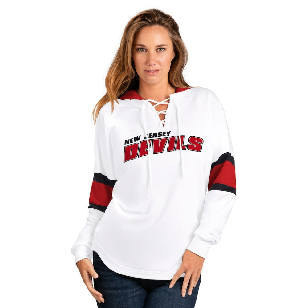 NHL White/Red New Jersey Devils G-III 4Her by Carl Banks Women's Goal Zone Long Sleeve Lace-Up Hoodie T-Shirt