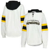 NHL White/Black Pittsburgh Penguins G-III 4Her by Carl Banks Women's Goal Zone Long Sleeve Lace-Up Hoodie T-Shirt