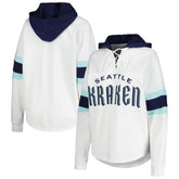 NHL White/Deep Sea Blue Seattle Kraken G-III 4Her by Carl Banks Women's Goal Zone Long Sleeve Lace-Up Hoodie T-Shirt