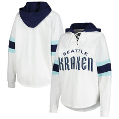 NHL White/Deep Sea Blue Seattle Kraken G-III 4Her by Carl Banks Women's Goal Zone Long Sleeve Lace-Up Hoodie T-Shirt
