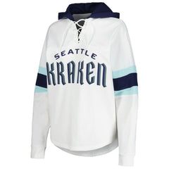 NHL White/Deep Sea Blue Seattle Kraken G-III 4Her by Carl Banks Women's Goal Zone Long Sleeve Lace-Up Hoodie T-Shirt