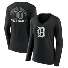 MLB Detroit Tigers Women's Monochrome Personalized Name & Number Long Sleeve V-Neck T-Shirt