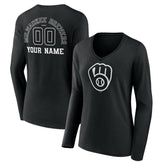 MLB Milwaukee Brewers Women's Monochrome Personalized Name & Number Long Sleeve V-Neck T-Shirt