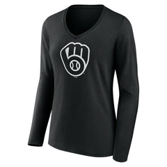 MLB Milwaukee Brewers Women's Monochrome Personalized Name & Number Long Sleeve V-Neck T-Shirt