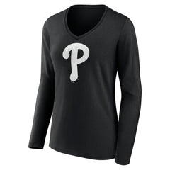 MLB Philadelphia Phillies Women's Monochrome Personalized Name & Number Long Sleeve V-Neck T-Shirt