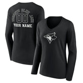 MLB Toronto Blue Jays Women's Monochrome Personalized Name & Number Long Sleeve V-Neck T-Shirt