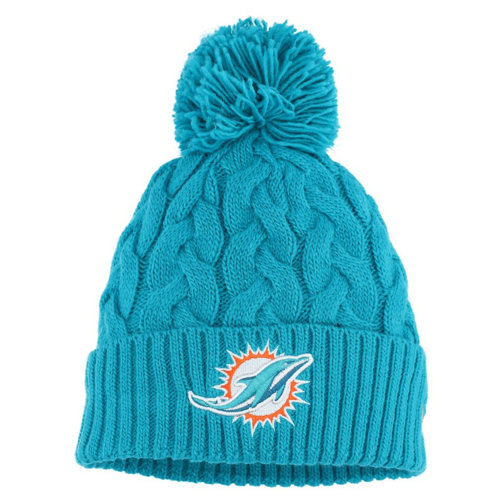 Girls Youth Cabled Cuffed Knit Hat with Pom - Miami Dolphins