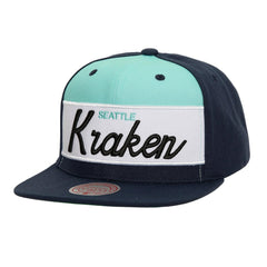 NHL Deep Sea Blue Seattle Kraken Mitchell & Ness Retro Script Colorblock Snapback Hat