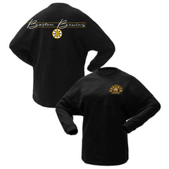 NHL Black Boston Bruins Fanatics Women's 100th Anniversary Sparkle Spirit Jersey T-Shirt