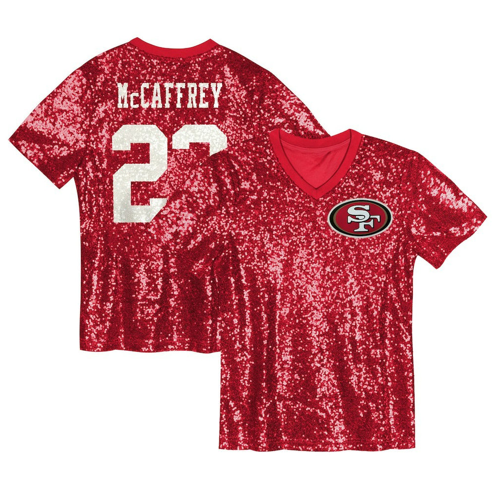 Christian McCaffrey Girls Youth Sequin V-Neck Fashion Jersey - San Francisco 49ers