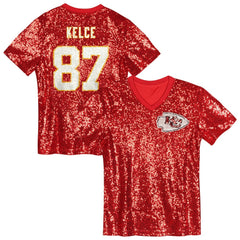 Travis Kelce Girls Youth Sequin V-Neck Fashion Jersey - Kansas City Chiefs