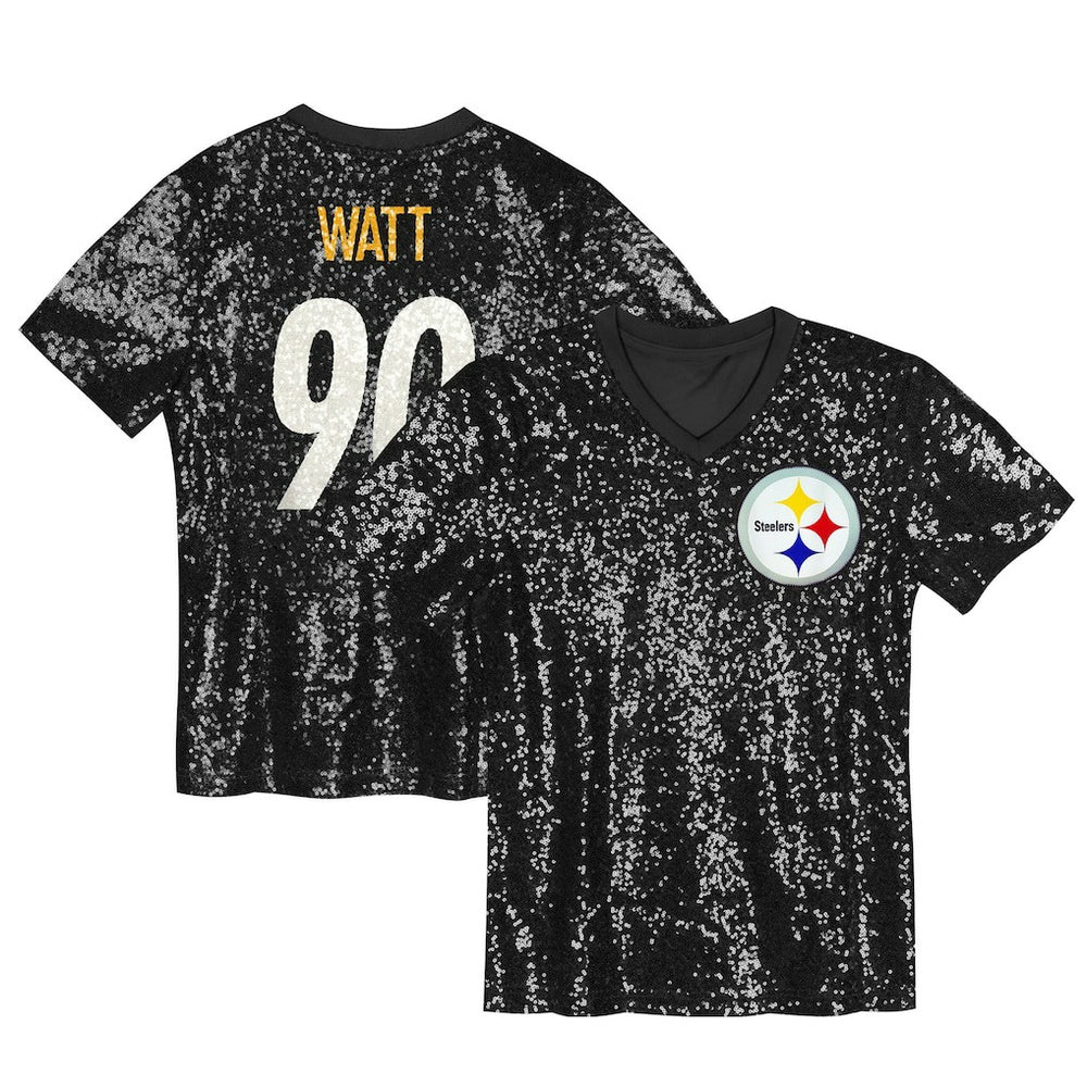 T.J. Watt Girls Youth Sequin V-Neck Fashion Jersey - Pittsburgh Steelers