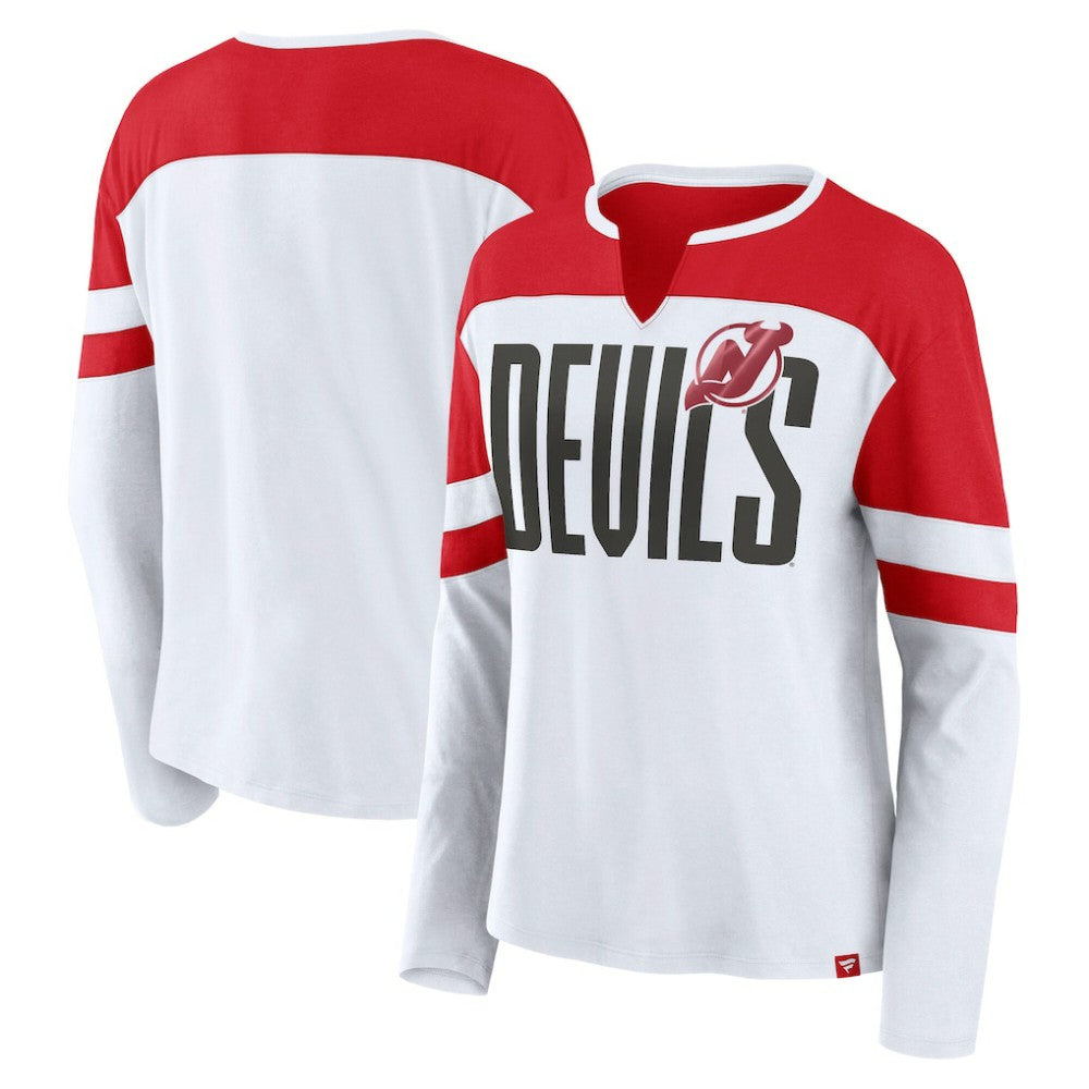 NHL White/Red New Jersey Devils Fanatics Women's Frozen Long Sleeve Notch Neck T-Shirt