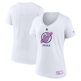 NHL White New Jersey Devils Fanatics Women's 2024 Hockey Fights Cancer V-Neck T-Shirt