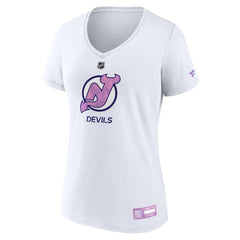 NHL White New Jersey Devils Fanatics Women's 2024 Hockey Fights Cancer V-Neck T-Shirt