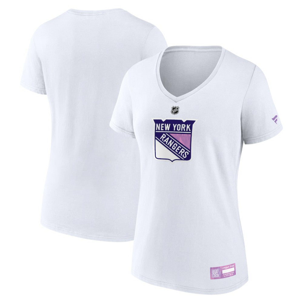 NHL White New York Rangers Fanatics Women's 2024 Hockey Fights Cancer V-Neck T-Shirt