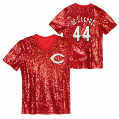 MLB Elly De La Cruz Cincinnati Reds Juniors Name & Number Sequin V-Neck Top
