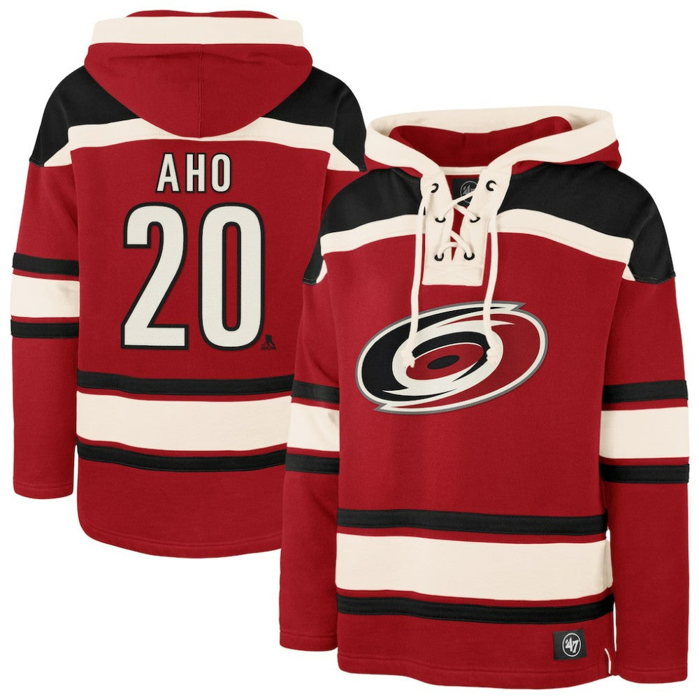 NHL Red Sebastian Aho Carolina Hurricanes '47 Player Name & Number Lacer Pullover Hoodie