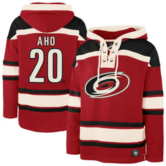 NHL Red Sebastian Aho Carolina Hurricanes '47 Player Name & Number Lacer Pullover Hoodie