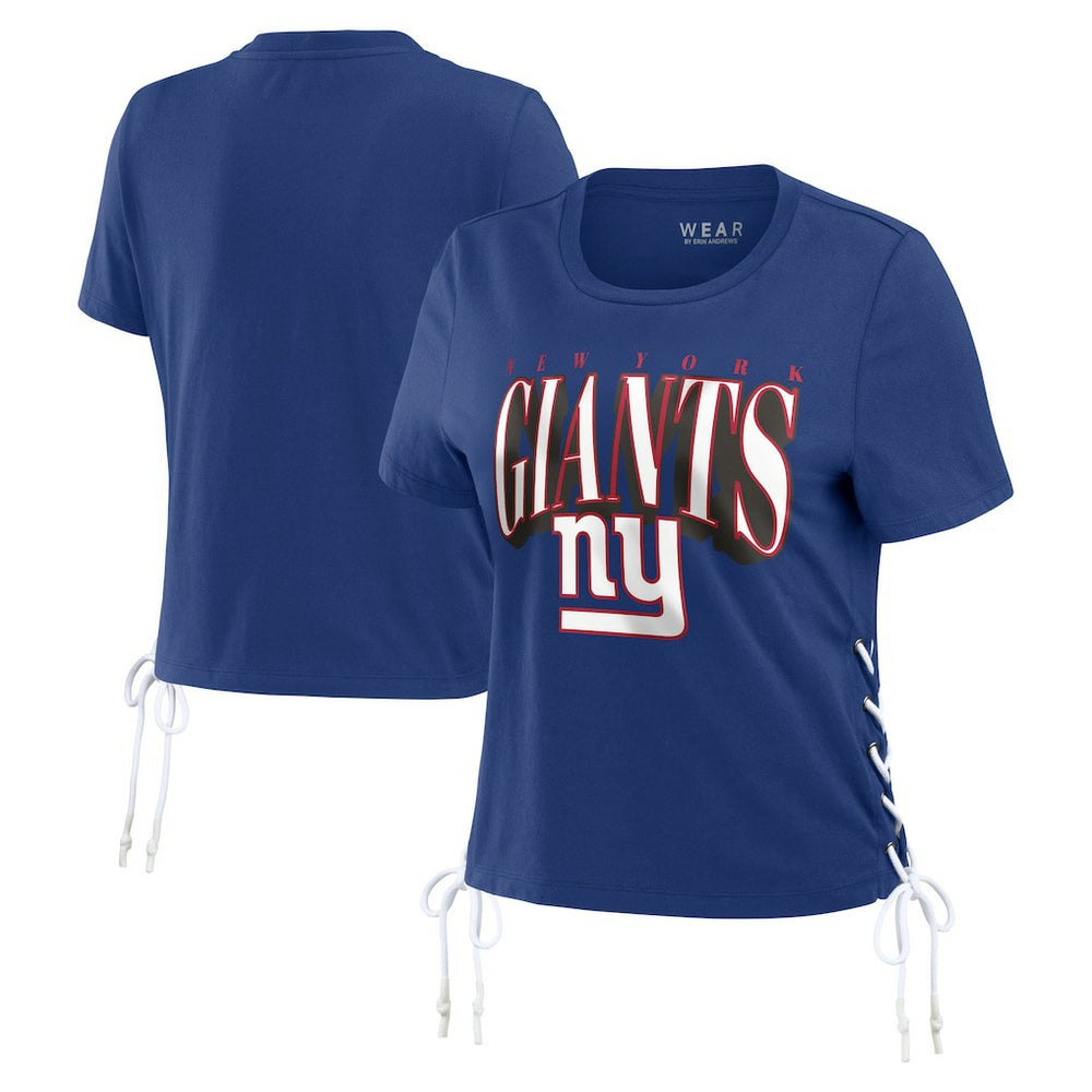 WEAR by Erin Andrews Women's Lace Up Side Modest Cropped T-Shirt - New York Giants