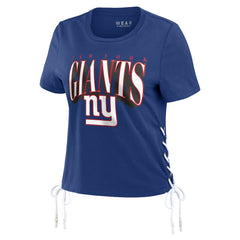 WEAR by Erin Andrews Women's Lace Up Side Modest Cropped T-Shirt - New York Giants