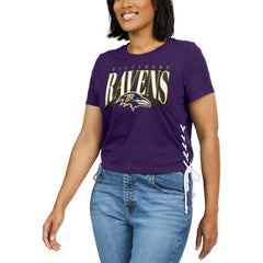 WEAR by Erin Andrews Women's Lace Up Side Modest Cropped T-Shirt - Baltimore Ravens