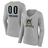 MLB Milwaukee Brewers Women's Personalized Name & Number Fastball Long Sleeve V-Neck T-Shirt