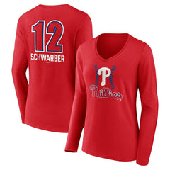 MLB Kyle Schwarber Philadelphia Phillies Women's Fastball Player Name & Number Long Sleeve V-Neck T-Shirt