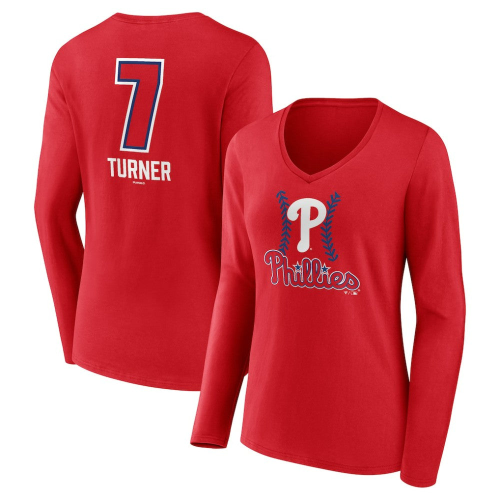 MLB Trea Turner Philadelphia Phillies Women's Fastball Player Name & Number Long Sleeve V-Neck T-Shirt