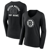 NHL Black Boston Bruins Women's Personalized Name & Number Monochrome Long Sleeve V-Neck T-Shirt