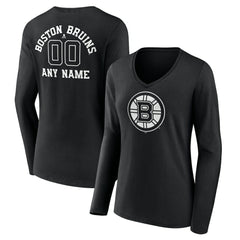 NHL Black Boston Bruins Women's Personalized Name & Number Monochrome Long Sleeve V-Neck T-Shirt