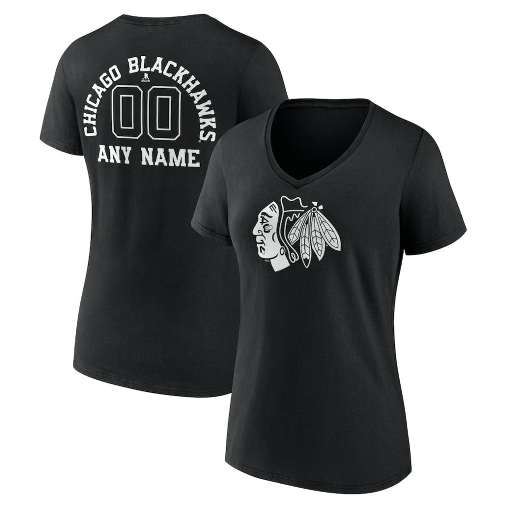 NHL Black Chicago Blackhawks Women's Personalized Name & Number Monochrome V-Neck T-Shirt