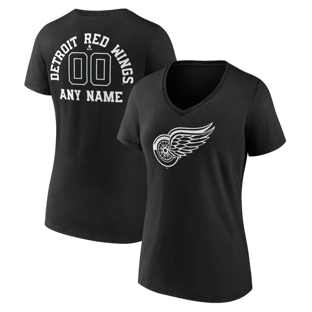 NHL Black Detroit Red Wings Women's Personalized Name & Number Monochrome V-Neck T-Shirt