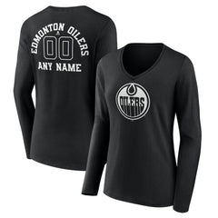NHL Black Edmonton Oilers Women's Personalized Name & Number Monochrome Long Sleeve V-Neck T-Shirt