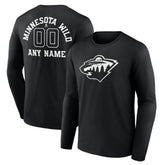 NHL Black Minnesota Wild Personalized Name & Number Monochrome Long Sleeve T-Shirt