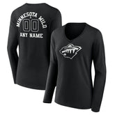 NHL Black Minnesota Wild Women's Personalized Name & Number Monochrome Long Sleeve V-Neck T-Shirt