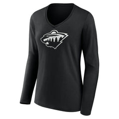 NHL Black Minnesota Wild Women's Personalized Name & Number Monochrome Long Sleeve V-Neck T-Shirt