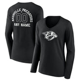 NHL Black Nashville Predators Women's Personalized Name & Number Monochrome Long Sleeve V-Neck T-Shirt