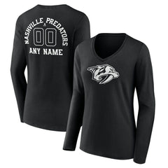 NHL Black Nashville Predators Women's Personalized Name & Number Monochrome Long Sleeve V-Neck T-Shirt