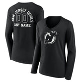 NHL Black New Jersey Devils Women's Personalized Name & Number Monochrome Long Sleeve V-Neck T-Shirt