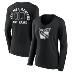 NHL Black New York Rangers Women's Personalized Name & Number Monochrome Long Sleeve V-Neck T-Shirt